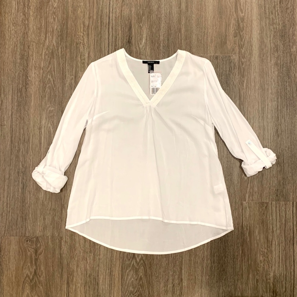 Forever 21 White N Neck Flowy Long Sleeve